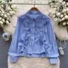 Kvinnor Bluses Women Chic Drawstring Pleated Top Slim Basic Sexy Korean Shirt Fashion Lapel Puff Long Sleeve Autumn