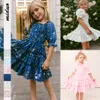 Code printed European and American children's dress lovely princess skirt square collar lantern sleeve floral plaid dress