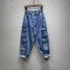 Frauen Jeans Vintage Herbst 2024 Cargo Elastische Hohe Taille Lose Multi-Pocket Daddy Weibliche Denim Knöchel-länge Hosen