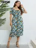 Gibsie Plus Size Stampa floreale Nodo Frt Puff Sleeve Dr Donna Estate 2023 Boho Holiday Elastico in vita Sweet Split Lg Dres T3QN #