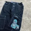 Streetwear taille haute jambe large Jeans hommes Hip Hop gothique Carto graphique broderie Baggy pantalon Harajuku grande poche pantalon nouveau 56pw #