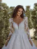 elegant Princ Scoop Wedding Dres 2024 Ball Gown Beading Pearls Embroidery Lace Full Sleeves Bride Gown Vestido De Noiva J2is#