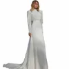 Moderne High Neck White Chiff Hochzeit DR für Frauen LG Laterne Ärmel Falten elegante Mantel Braut Kleid Hintern Sweep Zug Q02c #