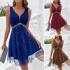 Casual Dresses Women Evening Dress Elegant V Neck Pearl Psmorded A-Line Mesh för hög midjebollklänning Prom Mini Summer