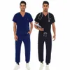 Hommes Pocket Nursing Uniforme Infirmière À Manches Courtes Col V Scrub Tops Médecin Vêtements De Travail Pantalons De Gommage Médical Uniformes Blouse Ensembles n1JA #