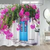Rideaux de douche Rue grecque Fleurs naturelles Plante Bleu Porte Fenêtre Architecture blanche Jardin moderne Tenture murale Décor de salle de bain