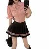 Neue Spice Girl Love Hollow Out Shirt Zwei Stücke Set Schlanke Frauen Süße Rosa JK Uniform Set Gestreifte Feste Faltenrock Hohe Taille c58F #