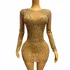 Femmes Sexy Stage Fling Gold Rhinestes Anniversaire Célébrer Soirée Club Costume Lg Manches Danse Photo Shoot Outfit e5cL #