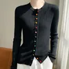 Women's Knits Merino Wool Sweater Round Collar Colorful Buckles Slim Fit Cardigan Autumn Winter Warm Jacket Casual Knit Basic Top