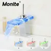 Rubinetti per lavandino del bagno Rubinetti per lavabo a LED con luce a cascata Vetro Ottone cromato Miscelatori Torneira da piano Maniglia girevole Rubinetto per lavabo