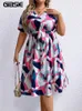 Gibsie Plus Size Geo Print V-Ausschnitt Kurzarm Belted Dr Damen 2023 Neue Sommer Hohe Taille Knielange Casual A-Line Dres f6Qa #