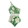 Kvinnors badkläder Grön blommig tryck Split Shoulder Swimsuit Hög midja Fashion Halter Elegant Bikini 2024 Beach kjol Kvinnor