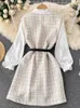 OCEANLOVE Vestidos Twee Stukken Tweed V-hals Plaid Vintage Koreaanse Mode Vrouwen Jurken Herfst Winter Knoppen Aline Gewaad Femme 240329