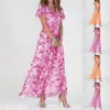 Vestidos de festa feminino swing vestido longo chiffon floral manga curta plissado v pescoço moda cintura flowy sukienki damskie robe longue 2024