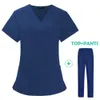 Effen Kleur Verpleegster Uniform Vrouwen Gezondheidszorg Slanke Medische Korte Mouw V-hals Zomer Schoonheid Sal Overalls Tandheelkundige Kliniek Scrub Set i0KK #