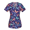 女性fi半袖ネックトップワーキングユニフォームブラウスシャツかわいい蝶のプリント看護スクラブトップTシャツカジュアル2021 T8i1＃