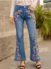 Kadınlar Kot Vintage Fashion Flare Pants 2024 Sonbahar Entelektüel Stil Denim Hafif Düzenli Orta Yükselme İşlemeli