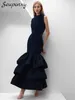 Casual Kleider Hohe Qualität Frauen Sexy Ärmellose Oansatz Schwarz Modische Layered Rüschen Maxi Kleid Elegante Promi Party Vestidos