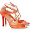 Sapatos de vestido elegante fivela laranja mulher sandálias de verão peep toe fino salto alto cross-strap designer festa