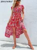 Jim Nora Vintage Floral Boho Baskılı Vestidos Kadınlar Kısa Kollu V Boyun Slit Midi Dres Bohem Yaz Plajı Dr T8AC#