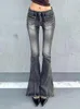 Kvinnors jeans Weekeep Harajuku Y2K Streetwear Low Rise Unistressed Denim Pants Pockets Patchwork Byxor 90 -talets vintage damer blossade