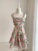 Casual jurken dames linnen roze madeliefje bloemenprint taille uitgehold mouwloze sling mini-jurk