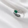 Cluster Rings 925 Sterling Silver Open Finger Ring Green Peacock Feather Asymmetric Stackable For Women Girl Jewelry Gift Dropship Wholesale