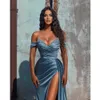 Dusty Blue Elegant Off The Plouds Women Вечерние дрес Сексуальные высокие бисеро -раскоренные бисеропиты ровные бьюстые талия плита