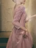 Pink Evening Dres med LG-ärmar 2021 Eleganta V-hals Applices A-Line golvlängd Kvinnor Formella klänningar M84M#