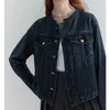 Veste courte en denim rétro pour femmes 2024 Printemps Automne Col rond Femme Jeans Bleu Foncé Manteaux Poche Butt Decorati Vestes g5vD #