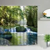 Duschgardiner vattenfall naturligt landskap grönt träd blad fjäder landskap badrum dekor vattentät polyester trasa gardin set