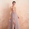 sexy ballo dres con fenditura 2024 splendide perle di cristallo rosa backl v collo di spaghetti cinghie da sera formale 52ac#