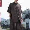 Chemises décontractées pour hommes Été Hommes Feuille Jacquard Chinois Vintage Chemise À Manches Courtes Pantalon 2 Pièces Ensembles Homme Blouses Lâches Pantalons Survêtements