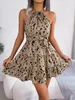 women Casual Leopard Print Sleevel Ruffles Halter Dr Summer Beach Dr u5yE#