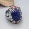 Küme halkaları emaye lapis lazuli oval yüzük erkekler için kadınlar retro etnik 925 sterling gümüş içi boş geniş ayarlanabilir parmak takı jz099