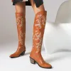 Boots Big Size 45 Women Ethnic Embroidery Western Cowboy Boots Retro Vintage Chunky Block Heels Cowgirl Kneehighs Boots Autumn Winter