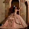 Dresses Rose Gold Sparkly Sweetheart Crystal Appliques Bow Quinceanera Dresses Ball Gown Off The Shoulder Beading Sweet Vestidos De 15 Gir