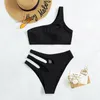 Damenbadebekleidung Sexy Bikini Set One Shoulder High Waist Badeanzug 2024 Hollow Out Black Solid Bodysuit Schwimmen Badeanzug
