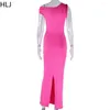 Casual Dresses HLJ Fashion Solid Color Oblique Axel ärmlösa Bodycon Women Round Neck Slim Ol Kläder Kvinnlig slits Vestidos 2024