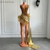 Luxe gouden diamd formele ocn cocktail dres pure sexy zie door zwarte meisjes veer short prom dres 2024 verjaardag n6hm#