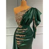 luxury Green Evening Dres Dubai Arab Gold Applique Satin Formal Party Gownes Mermaid Women's Robe With One Shoulder Sleeve C1bz#