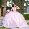 Розовое блестящее платье Quinceanera, расшитое блестками, бальное платье с рюшами, блестящее, милое, с бантом, для 16 лет, платья принцессы для 15 лет, Vestidos