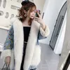 Donne di inverno del faux collo di pelliccia di volpe cuciture ricamo floreale giacca di jeans pelliccia di visone fodera ispessito jeans cappotto parka cardigan R2Al #