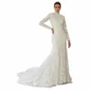laboum Elegant High-Neck Wedding Dres for Women Full Sleeves Fit and Flare Lace Court Train Floor-Length Robe De Marie u6Fr#