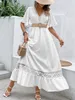 elegante solido bianco Lg Dr abbigliamento donna Bohemia Hollow Hem sexy maniche corte Dres vita alta Beach Party Maxi Dr 92e4 #