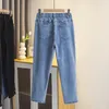 plus storlek pojkvän svart dränering jeans för kvinnor hög midja rumpa ben ong smal denim cott fotledslängd raka byxor m9yu#