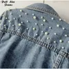 Designer Pearl Beading Black Short Jean Jackets Korean Chi Street Jeans Jacket Chi Cott Collar Blue White Croped Denim Coat 49MF#