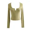 Women's T Shirts 2024 Summer Sexy V Neck Skinny Green Streetwear Crop Tops For Women Solid Full Sleeves Kintted Basic Elastic All-Match