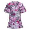 Vrouwen Scrub Top Met V-hals Bloemenprint Scrub Uniformen Verpleegkundige Scrub Tops Voor Vrouwen Korte Mouw Blouse Gezondheidszorg Tuniek A50 38Nz #