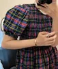 Casual Jurken Vintage Plaid Kleur Contrast Lange Jurk Vrouw Elegante Ronde Hals Pofmouwen Hoge Taille Geplooid Zomer